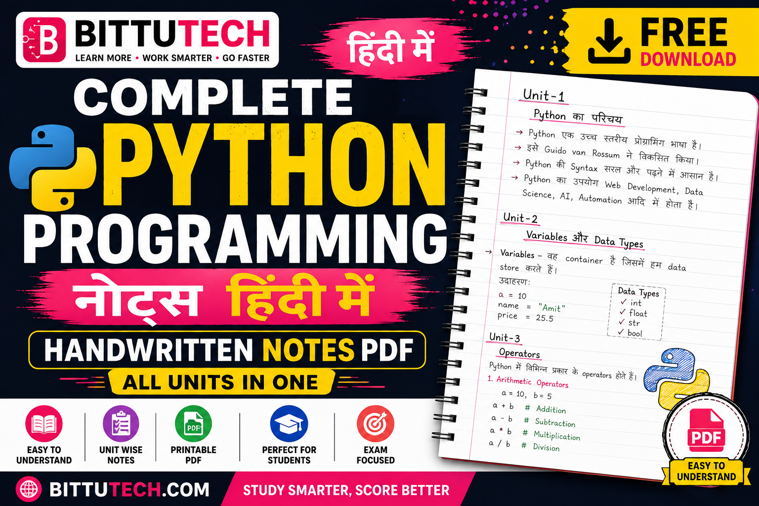 You are currently viewing Python Programming Notes in Hindi PDF – Handwritten Notes Free Download