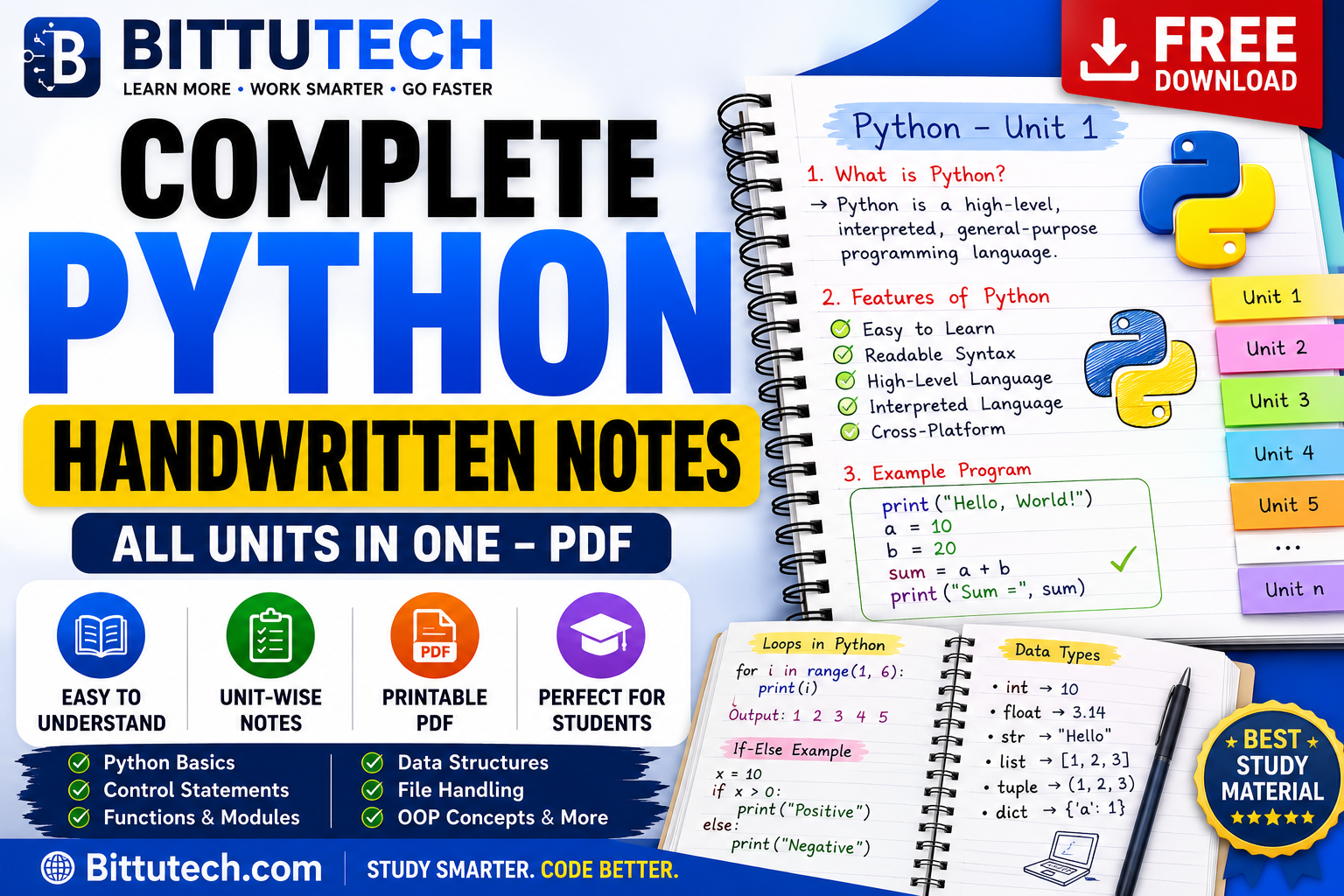 You are currently viewing Python Handwritten Notes PDF – Complete Unit-Wise Notes Free Download